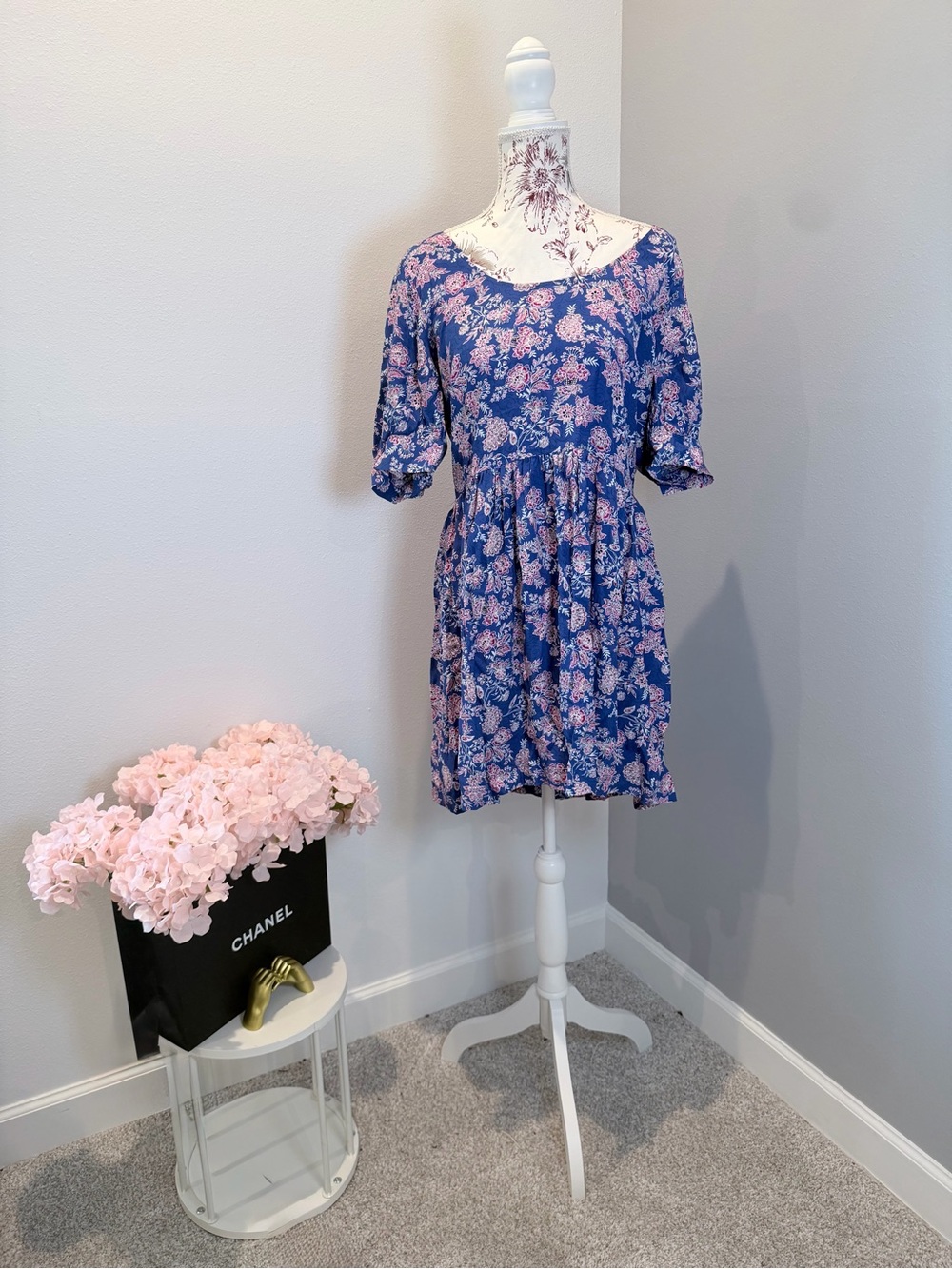 LOFT Blue Pink Floral Mini Dress Size 12 NWT Puff Sleeve Viscose Cottagecore